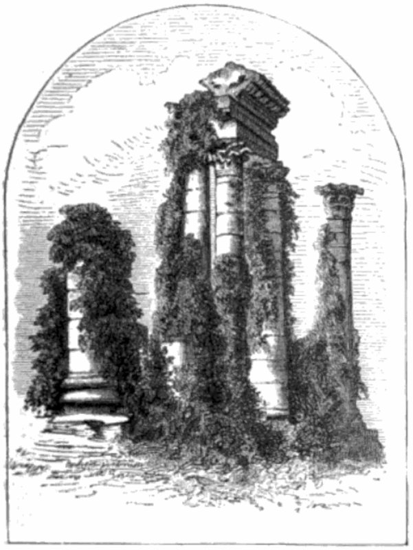 Ancient ruins are seen, featuring columns overgrown with vines.