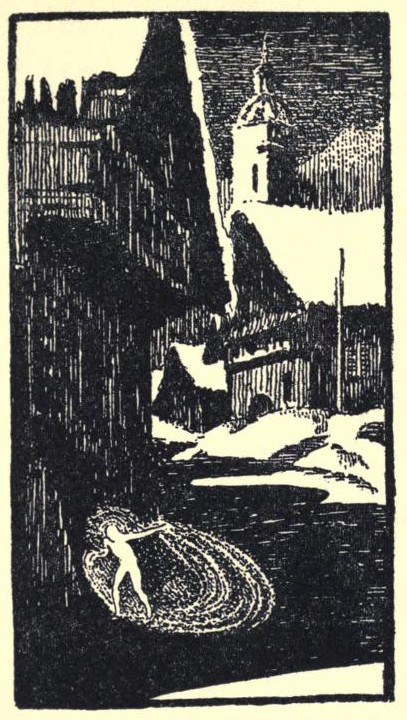 A man is seen under a balcony in a snow-covered village.