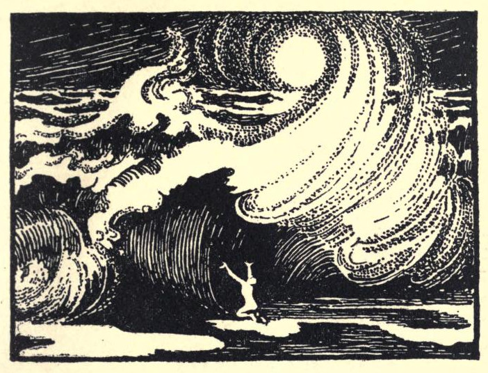 A man on the beach with arms upraised under the crashing waves in the moonlight.