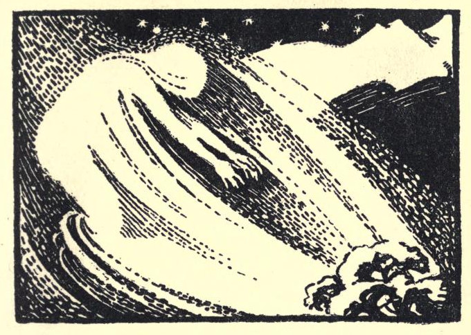 A personified snowstorm reaches toward the ground.