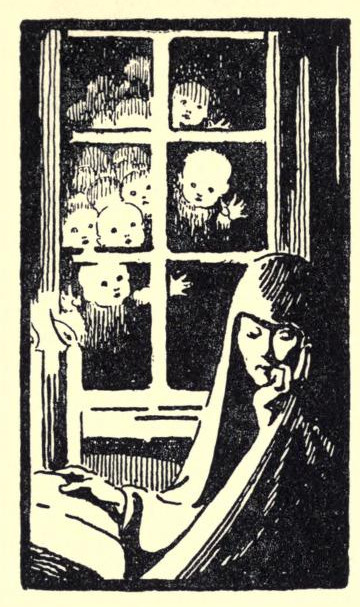 A woman reads by candlelight as an array of infant faces stare in throuugh the window.