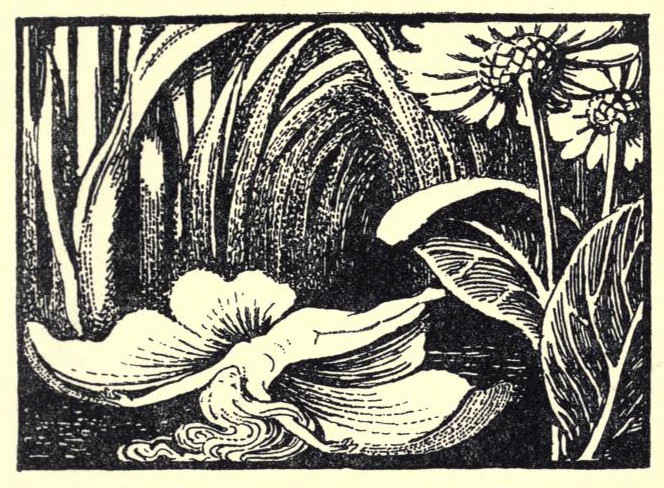 A small, reclining, winged fairy is seen among the grasses and flowers.