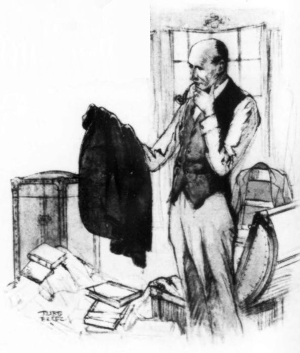 Blackwood regards his jacket, hand on chin.