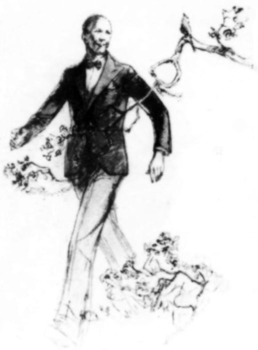 Blackwood walks through the woods. [Caption] 'Why own a garden, when half the world is yours to roam over?'
