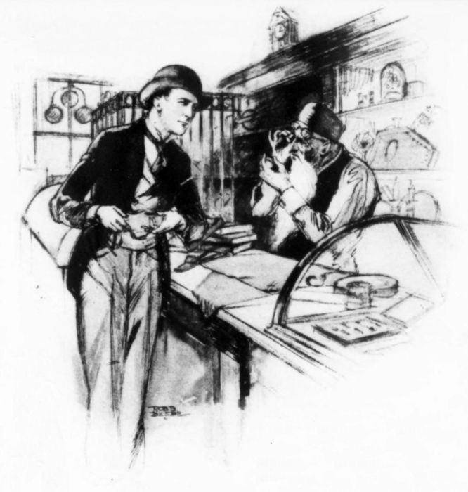 Blackwood wears a bowler hat, conducting business with a man across a counter. [Caption] 'Pawnbrokers were my intimate friends.'