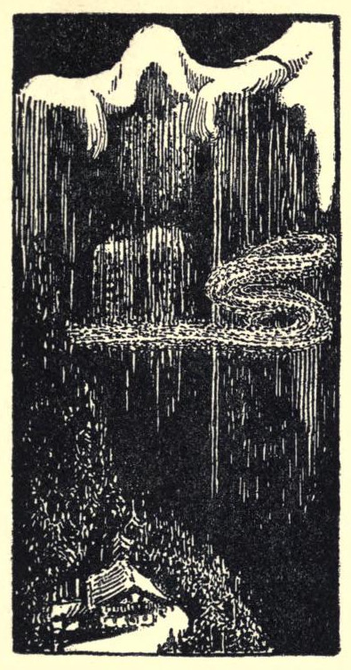 The shape of a hooded figure seen hovering over the landscape.