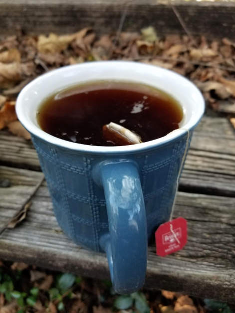 Granda blua taso, enhavanta teon, kiu estas bruna, kaj ruĝa tesaketeto pendanta laŭ la flanko.