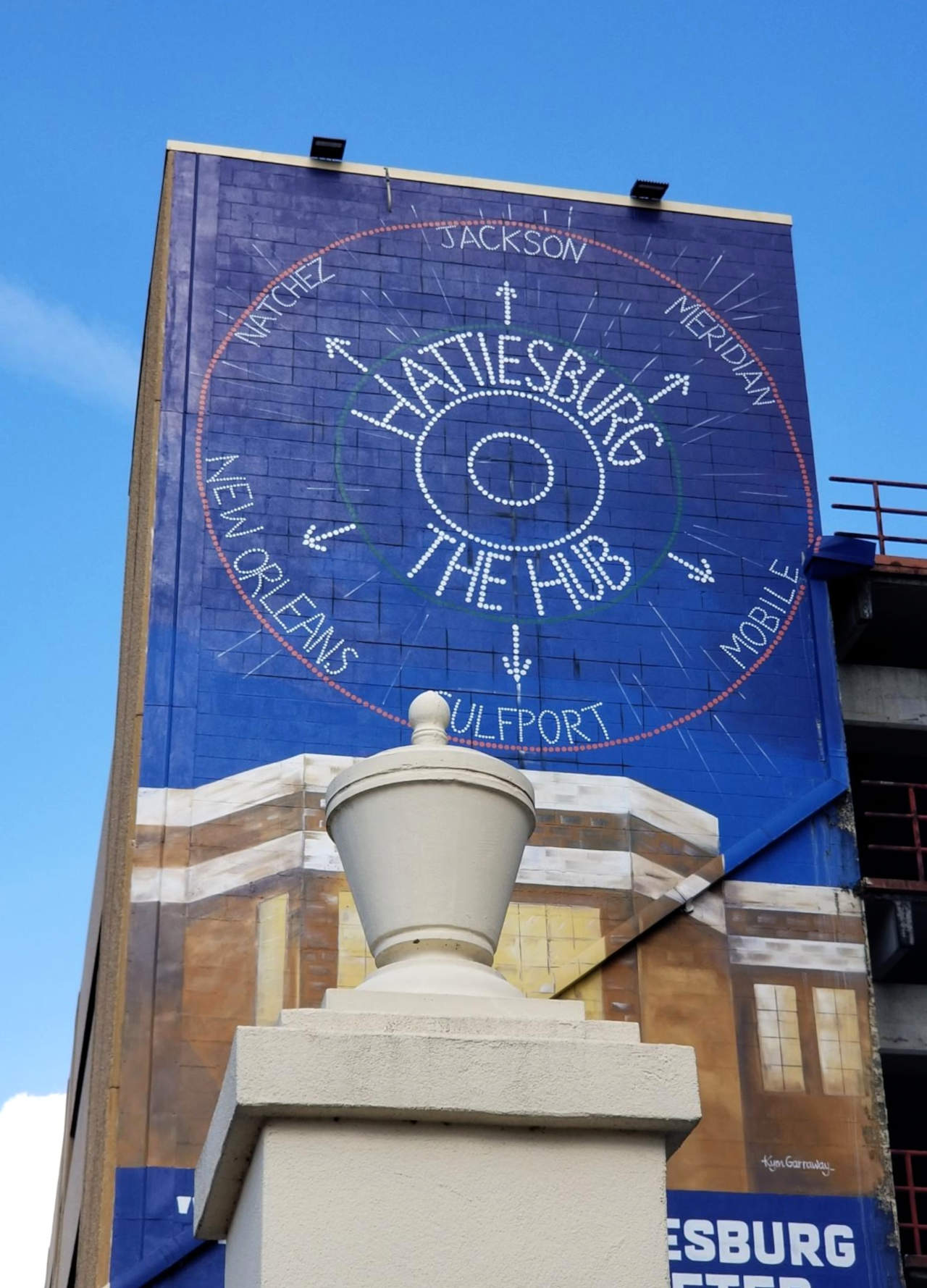 A large blue mural on a brick building names Hattiesburg The Hub and arrows point to Jackson, Meridian, Mobile, Gulfport, New Orleans, and Natchez.
