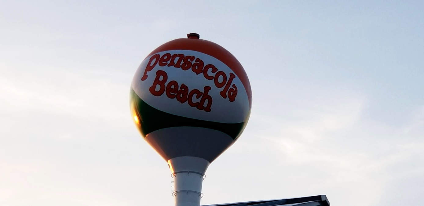 The Pensacola Beach water tower, which resembles a beach ball.