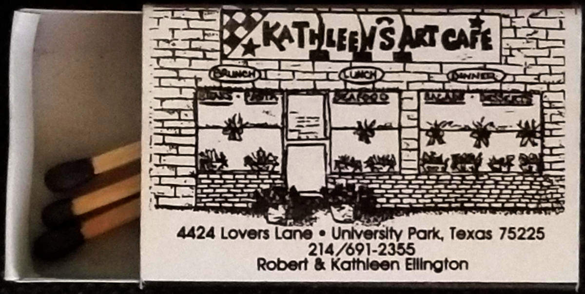 A matchbox, partly opened, containing three matches, with a drawing of Kathleen's Art Cafe in Dallas.