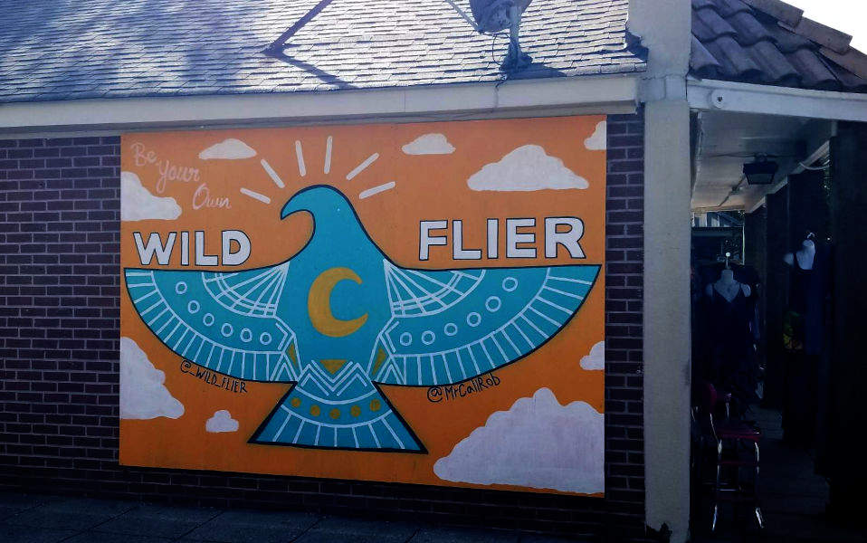 Mural, Wild Flier, blue bird, wings outstretched.