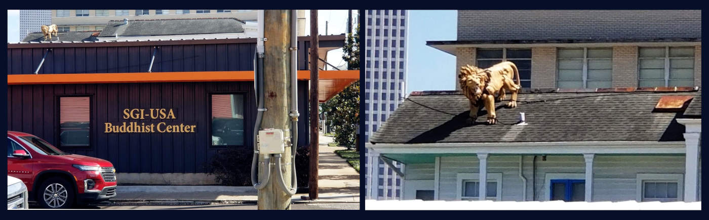 Ora leonskulptaĵo sur tegmento superrigardas la Budhistan Centron en Nov-Orleano.