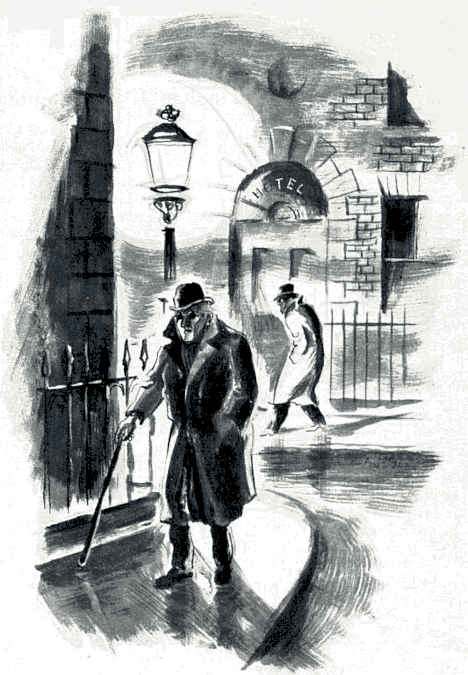 Man with a cane walks on a city sidwalk.