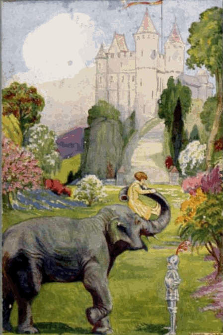 Girl atop an elephant, facing an armored figure, castle visible in the distance.