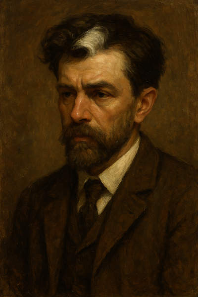 Portrait of a man with a lock of  grey hair..