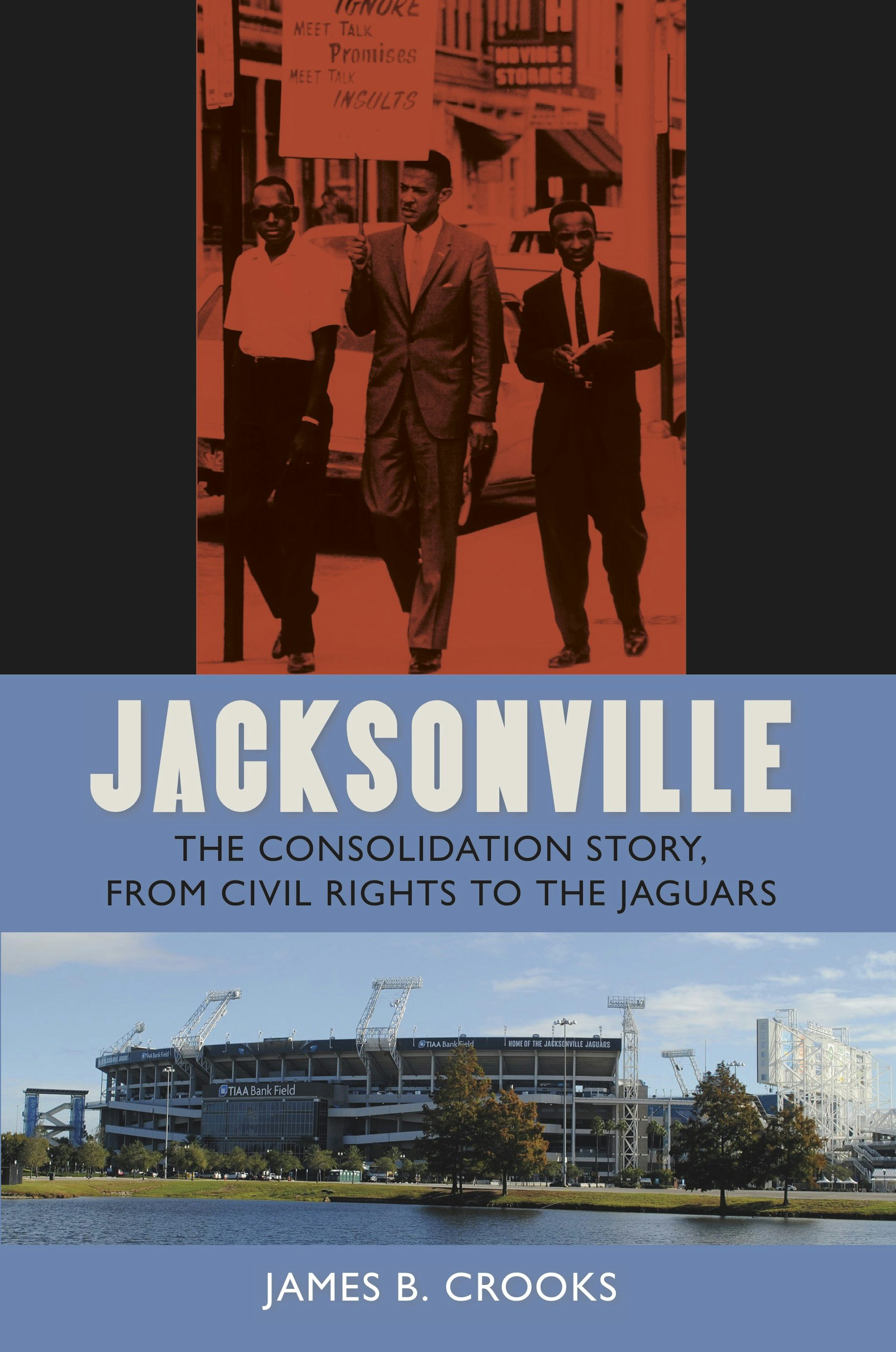 book cover showing protesters above and a stadium below