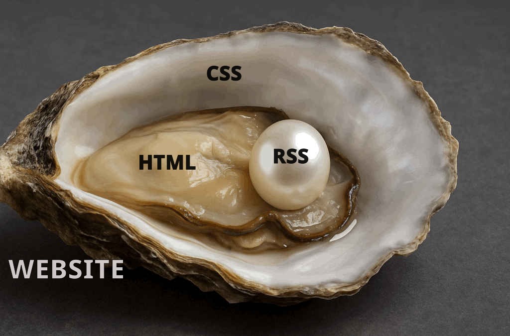 An opened oyster shell labeled as Website, the oyster labelled HTML, the mother-of-pearl as CSS and the pearl as RSS.