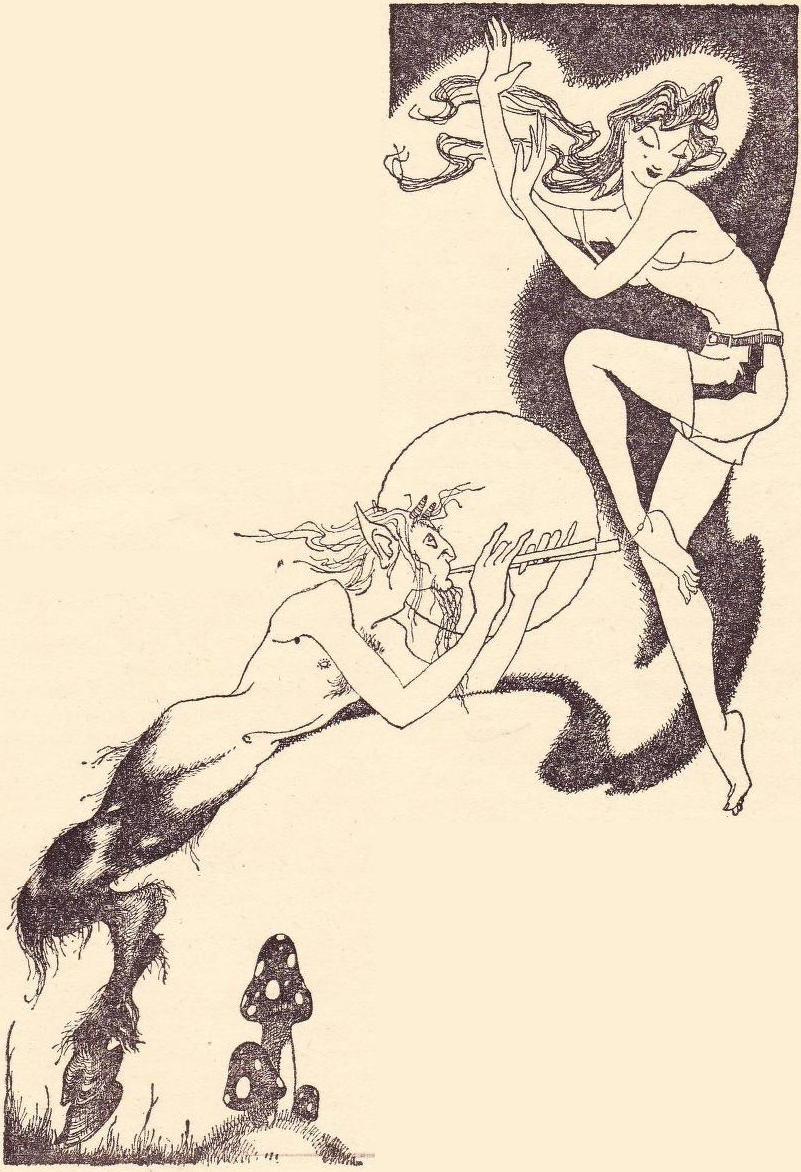 Satyr plays the pipes as a nymph dances.