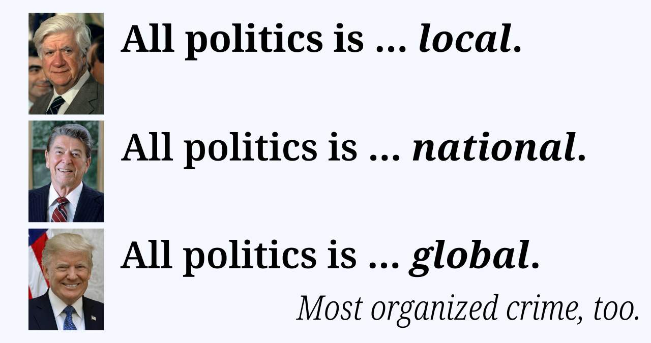 [Tip O'Neill] All politics is local. [Ronald Reagan] All politics is national. [Donald Trump] All politics is global. Most organized crime, too.