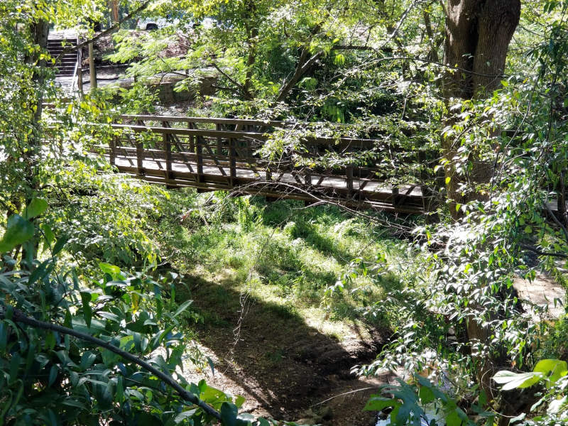 A small bridge over a dry creekbed in a lightly wooded area.