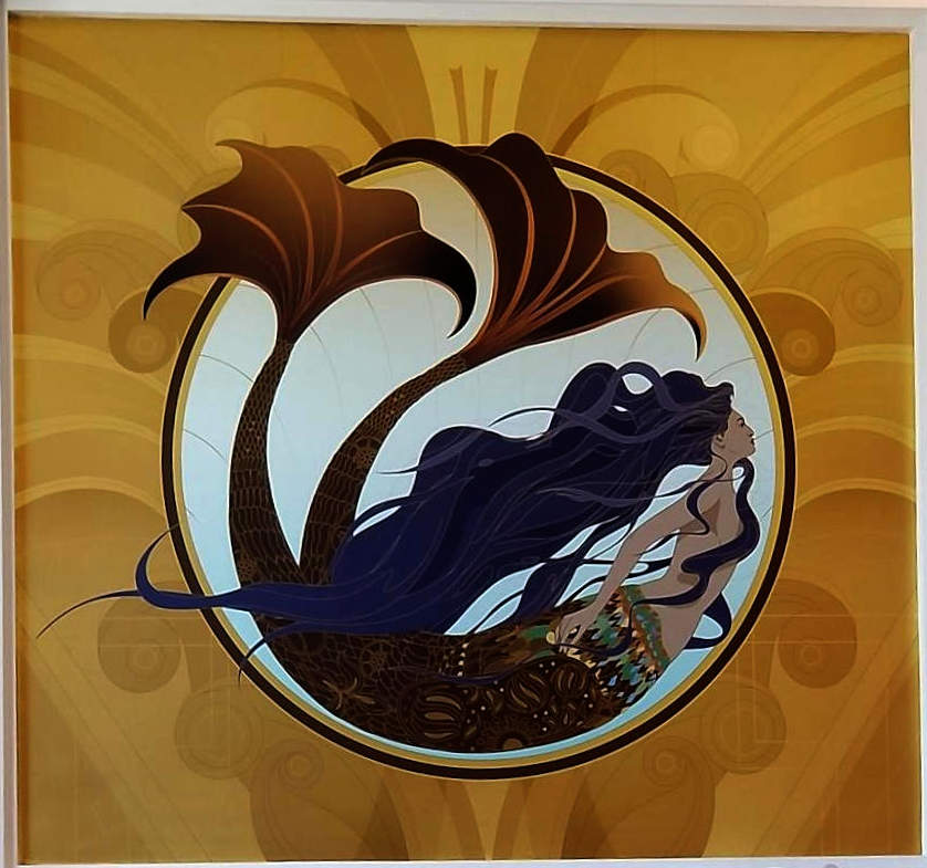 A painting shows a mermaid swimming. The main color is coffee brown and the style is art deco.