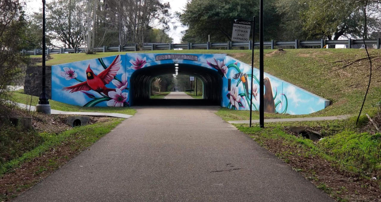 A tunnel that goes under a street. On the front, a mural shows a cardinal, flowers, and other animals.